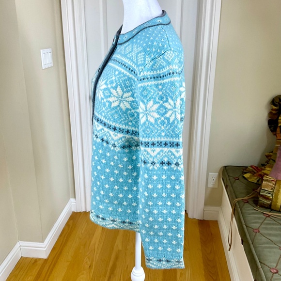 LL Bean Cardigan Sweater Wool Fair Isle Light Blue (M) - Picture 2 of 7
